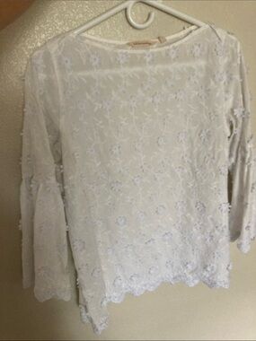 Soft Surroundings White Floral Lace Bell-Sleeve Blouse